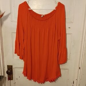 Women's Orange Scoop Neck Ruffle Sleeve & Lace BottomTop